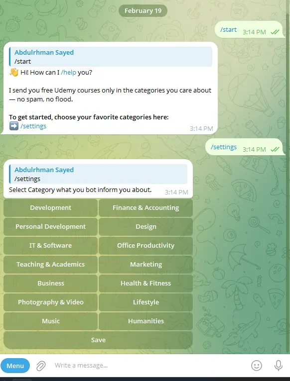 Udemy Courses Bot Setting Page