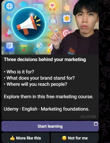 An actual Free Courses recommendation with Start learning and feedback buttons