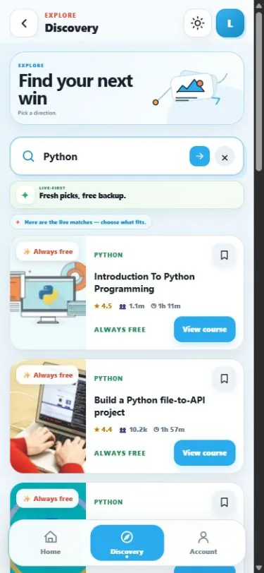 Course browsing with search and several results on one screen