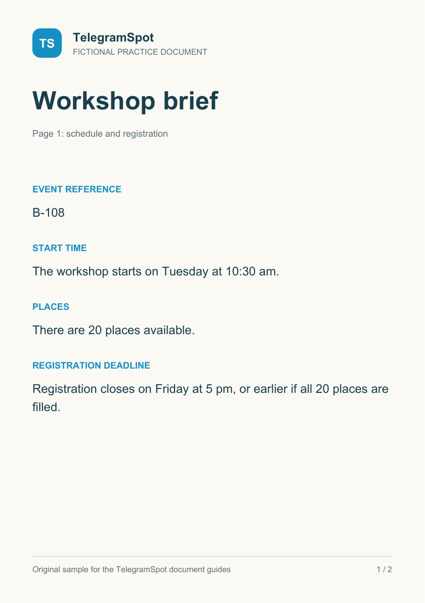 Fictional workshop notice with event reference B-108, Tuesday at 10:30 am, 20 places and a registration deadline with an early-closing exception