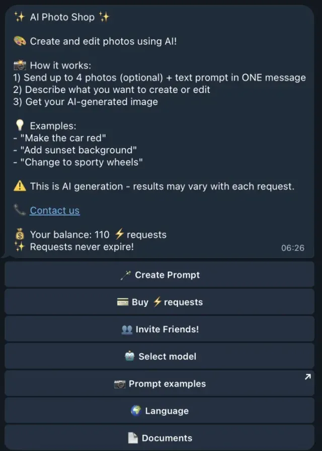 zosee operator's example menu showing model selection and prompt controls