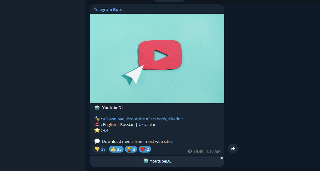 The YoutubeDL Telegram bot logo on a blue background. This popular bot allows downloading media from YouTube, Facebook, Twitter and more.