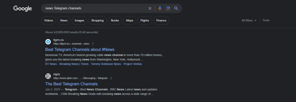 a screen shot of how to find best TG channels on google 
