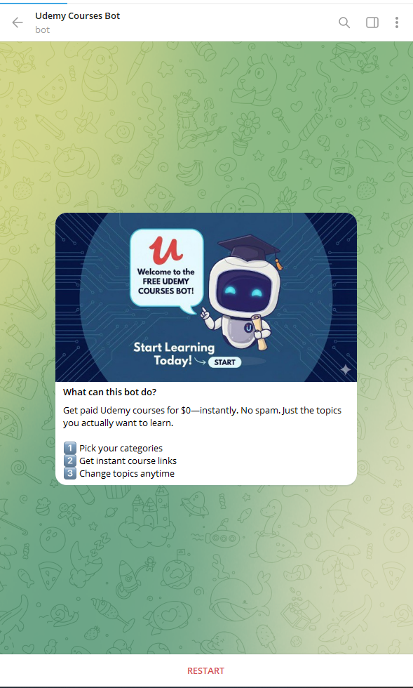 Udemy Courses Bot Start Page