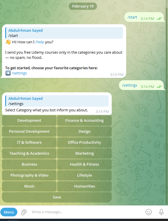 Udemy Courses Bot Setting Page